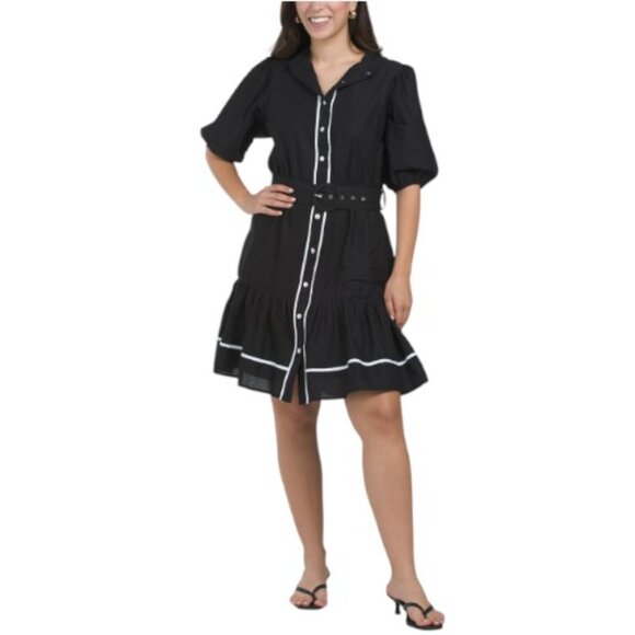 LEA Short Sleeve Contrast Trim Mini Dress With Covered Belt - Picture 1 of 3